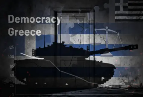 Dark interior room with a door and the shadow of a tank on it; 2) On the upper right wall, the Greek flag appears; 3) In the middle and/or background, a transparent graph is introduced depicting the declining line of Greece’s democratic index.