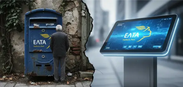 The image shows an old ELTA mailbox with a faded logo, a person standing in front of it, and in the background, a digital screen. The scene is divided by a torn line, symbolizing the transition and the social impact resulting from the deficit in change management.