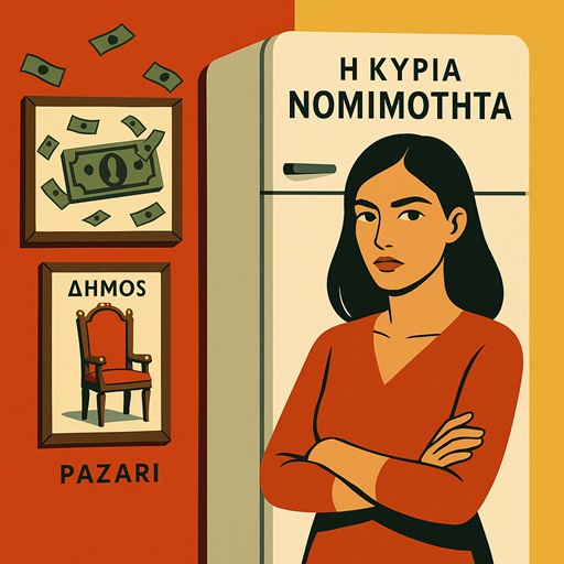 Γυναίκα μπροστά από ψυγείο, χρήματα σε κάδρο, η καρέκλα της εξουσίας σε κάδρο