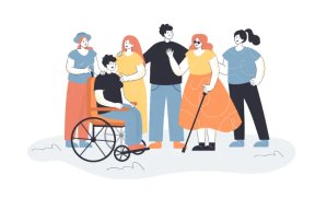 men and women welcoming people with disabilities